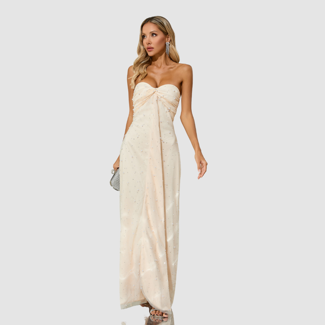 【Party & Event】 Maxi Sheath Polyester Spandex Sexy Strapless Rhinestone Mesh Spliced Dress - MYTHSIS