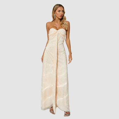 【Party & Event】 Maxi Sheath Polyester Spandex Sexy Strapless Rhinestone Mesh Spliced Dress - MYTHSIS