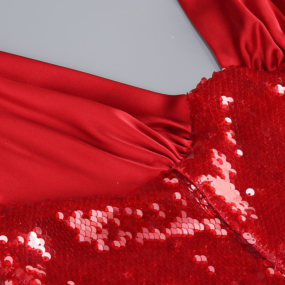 【Party & Event】 Maxi Mermaid Sequin Polyester Sexy V-Neck Satin Spliced Dress - MYTHSIS