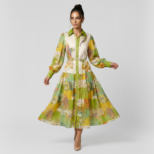 Printed single breasted shirt collar vacation maxi  dress