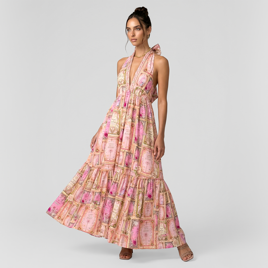 Vacation style V-neck hanging neck Maxi dress