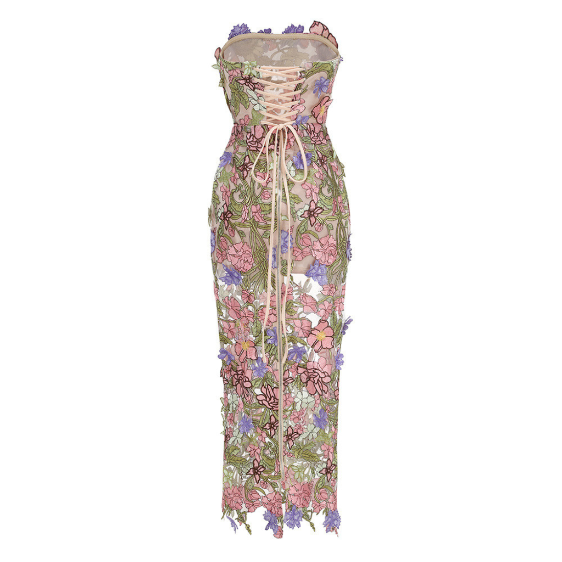 Vacation & Resort Satin Floral Print 3D Flower Maxi Bodycon Dress - MYTHSIS