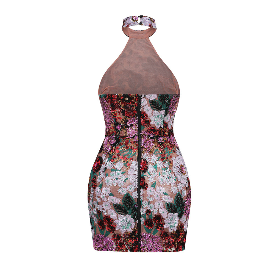 Date Night Mini Bodycon Sequin Glam Halter Neck Floral Embroidery Backless Dress - MYTHSIS
