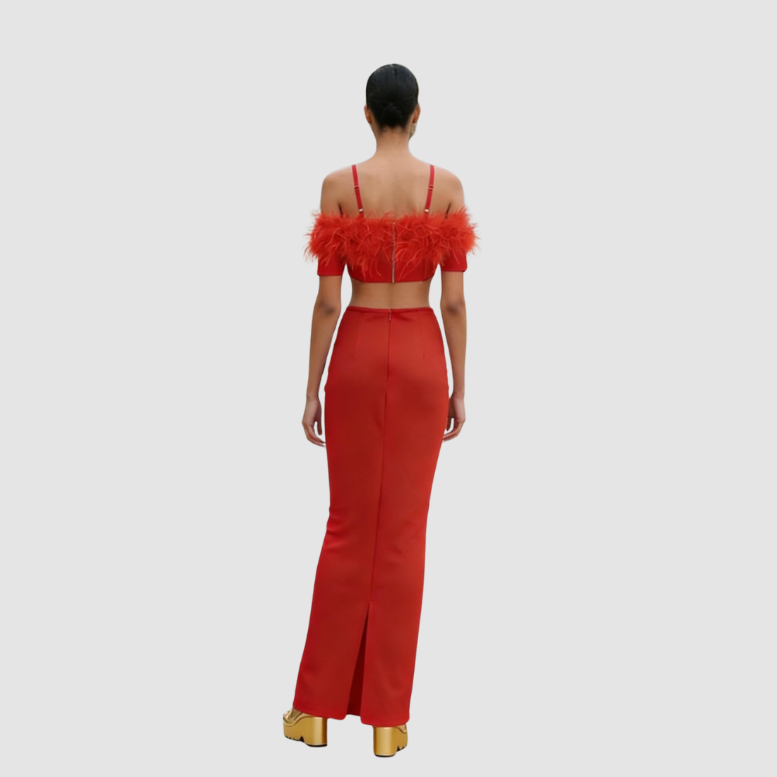【Party & Event】 Maxi Sheath Polyester Glam Off-Shoulder Feather Spliced Dress - MYTHSIS