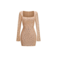 Date Night Mini Bodycon Knit Sexy Square Neck Rhinestone Long Sleeve Dress - MYTHSIS
