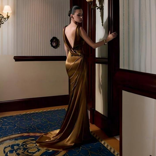 Wholesale Women's Dark Brown Satin Cowl-Neck Fishtail Maxi Dress – XS Womens Clothing