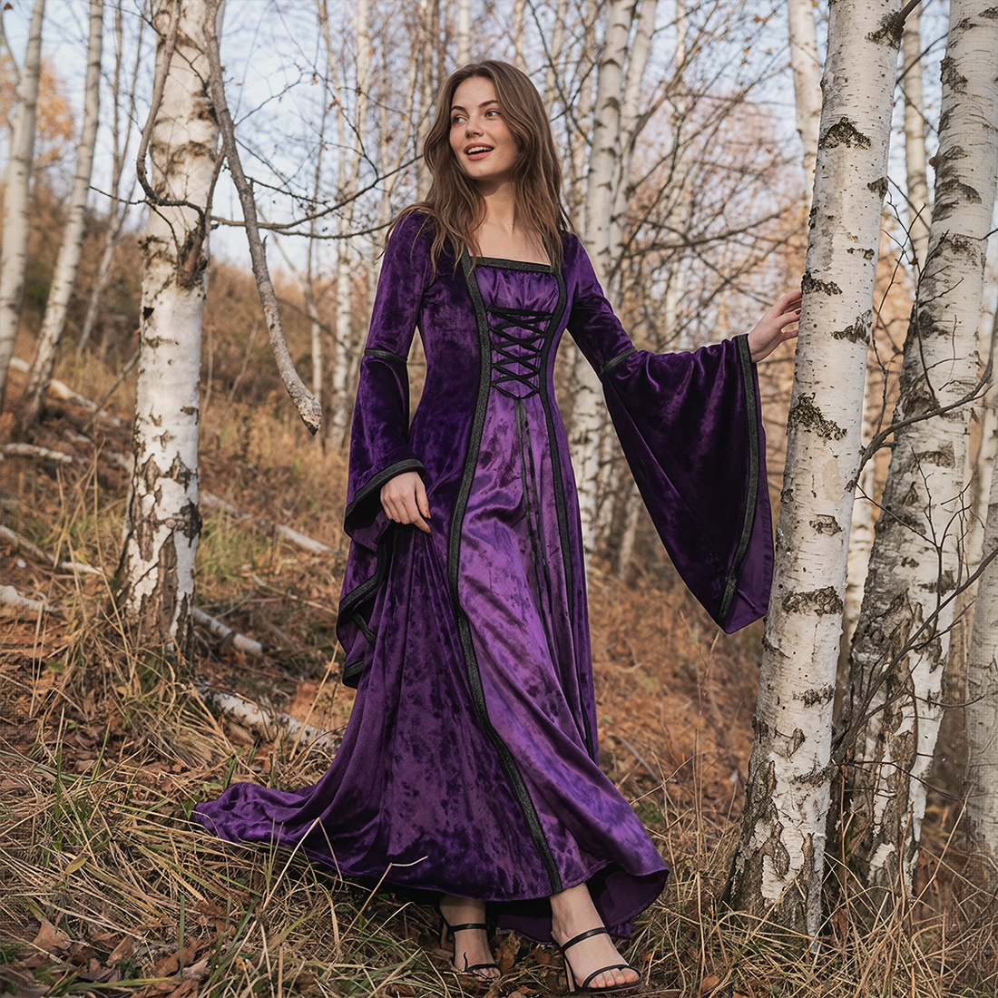 Wholesale Women's Medieval Hooded Velvet Long Costume Dress