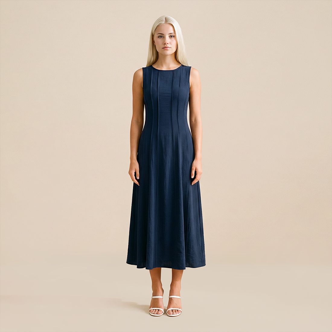 Casual Everyday Maxi A-Line Polyester Chic Round Neck Ruched Sleeveless Dress - MYTHSIS