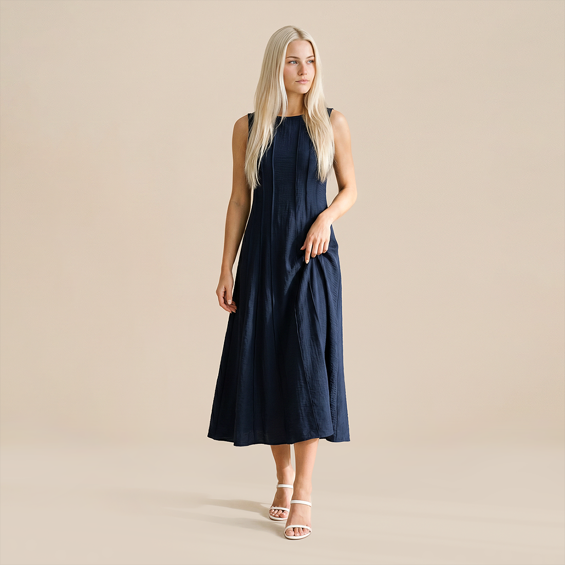 Casual Everyday Maxi A-Line Polyester Chic Round Neck Ruched Sleeveless Dress - MYTHSIS
