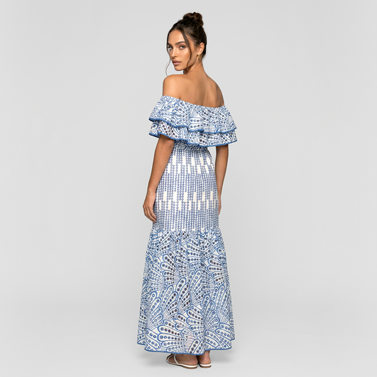 One collar ruffle edge embroidered hollow vacation mix dress