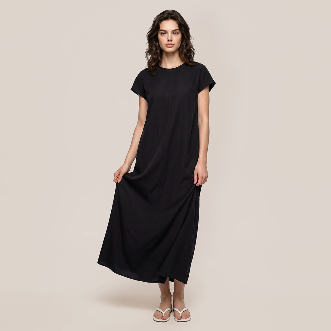 【Casual Everyday】 Midi A-Line Polyester Chic Round Neck Ruched Short Sleeve Dress - MYTHSIS