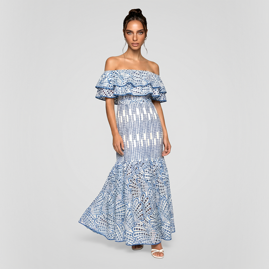 One collar ruffle edge embroidered hollow vacation mix dress