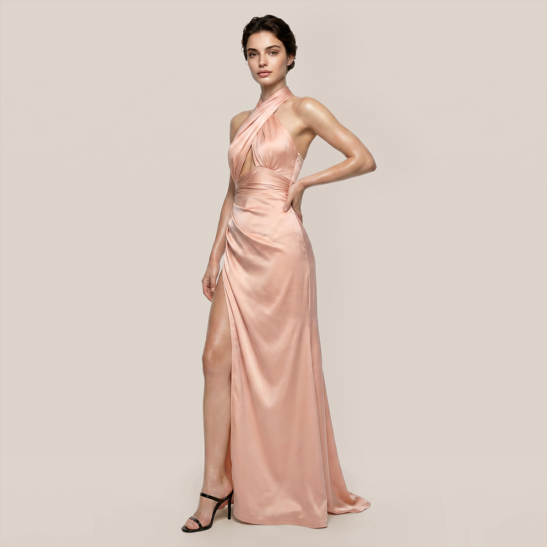 Graduation & Prom Maxi A-Line Polyester Sexy Halter Neck Cutout Slit Dress - MYTHSIS