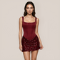 【Party & Event】 Mini Bodycon Polyester Glam Square Neck Sequin Spliced Dress - MYTHSIS