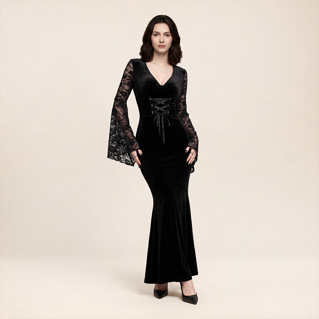 Wholesale Women's Gothic Velvet Lace Bell-Sleeve Long Dress
