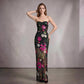 Wholesale Women's Floral Sequin Strapless Maxi Dress – Mesh Panel Evening