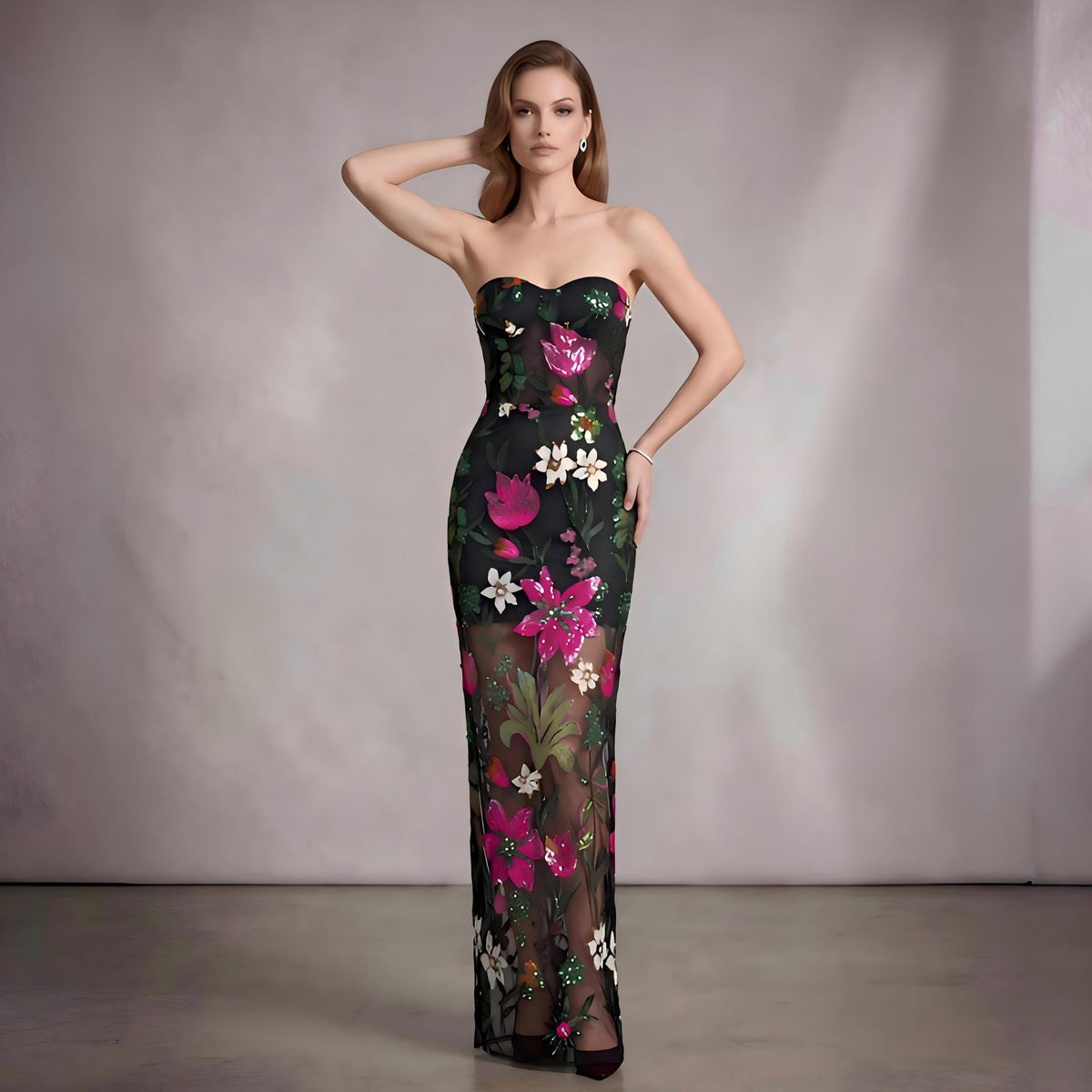 Wholesale Women's Floral Sequin Strapless Maxi Dress – Mesh Panel Evening