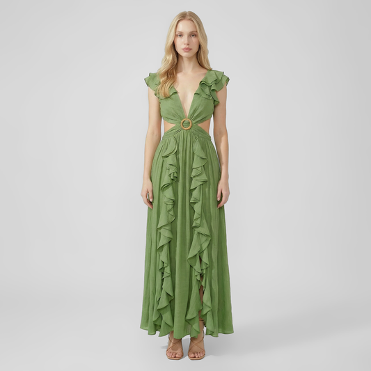 Elegant Printed Deep V-Neck Cut-Out Maxi Dress