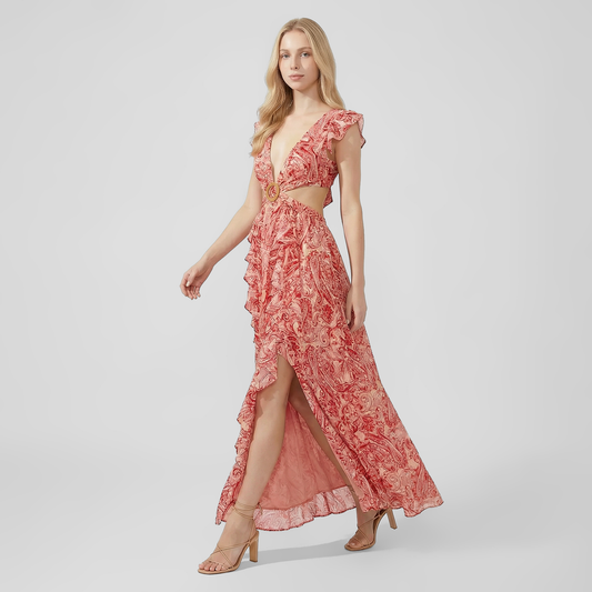 Elegant Printed Deep V-Neck Cut-Out Maxi Dress