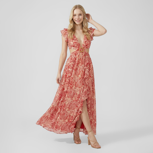 Elegant Printed Deep V-Neck Cut-Out Maxi Dress