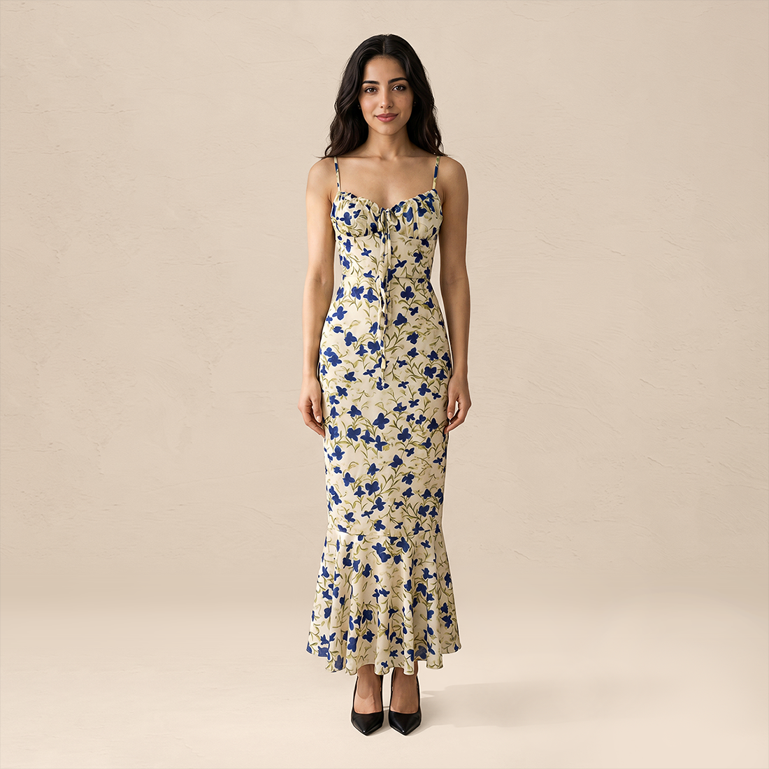 Vacation Maxi Bodycon Polyester Boho V-Neck Floral Ruffle Tie-Up Dress - MYTHSIS