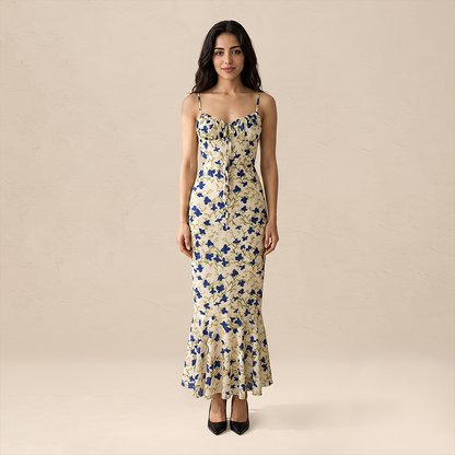 Vacation Maxi Bodycon Polyester Boho V-Neck Floral Ruffle Tie-Up Dress - MYTHSIS