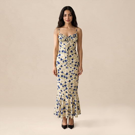 Vacation Maxi Bodycon Polyester Boho V-Neck Floral Ruffle Tie-Up Dress - MYTHSIS