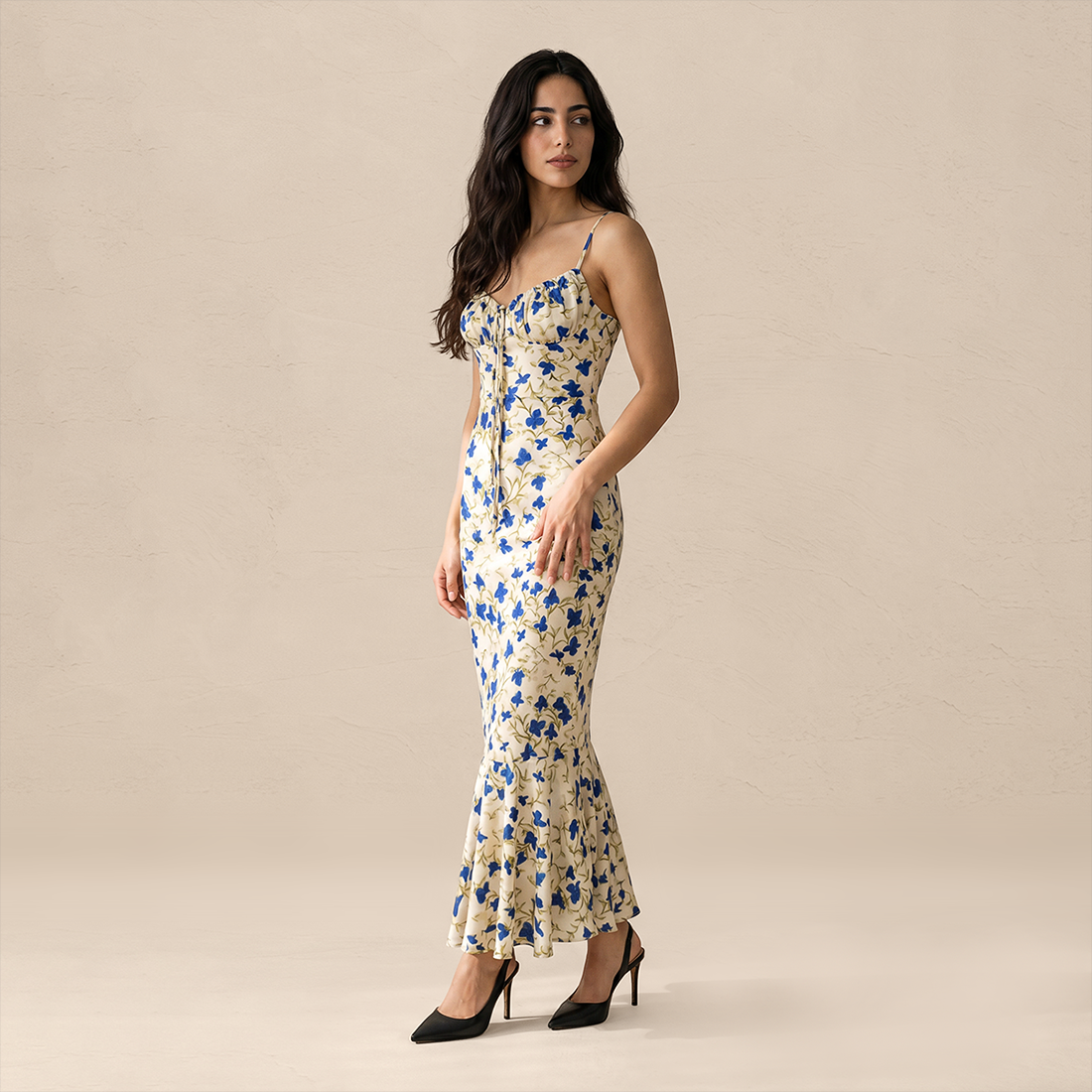 Vacation Maxi Bodycon Polyester Boho V-Neck Floral Ruffle Tie-Up Dress - MYTHSIS
