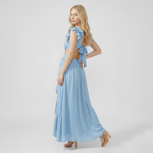 Elegant Printed Deep V-Neck Cut-Out Maxi Dress