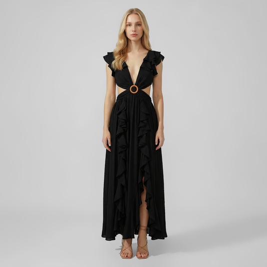 Elegant Printed Deep V-Neck Cut-Out Maxi Dress