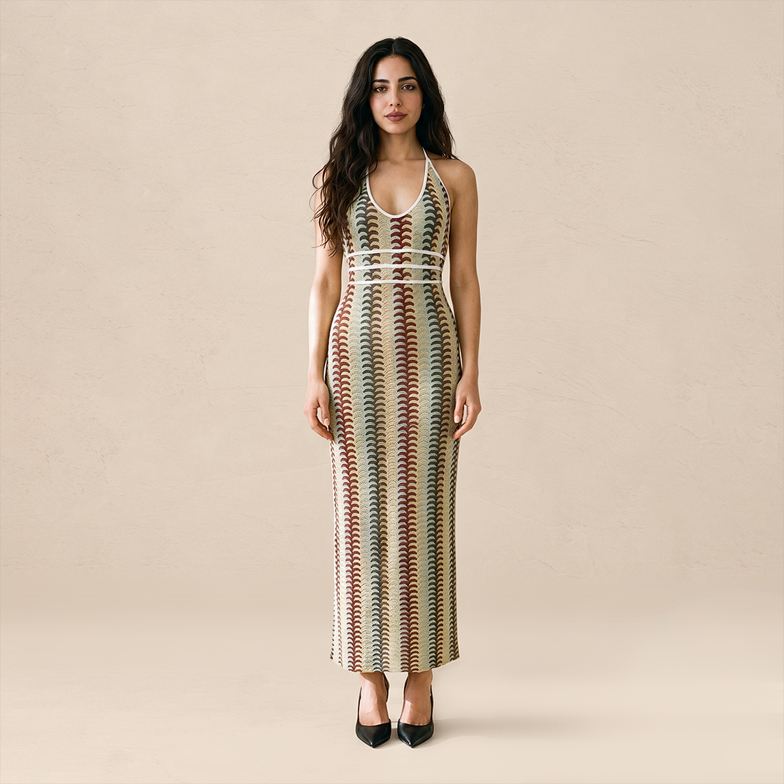 Vacation Maxi Bodycon Polyester Sexy Halter Neck Colorful Stripe Dress - MYTHSIS