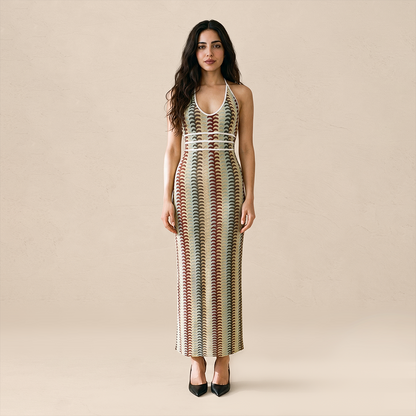 Vacation Maxi Bodycon Polyester Sexy Halter Neck Colorful Stripe Dress - MYTHSIS