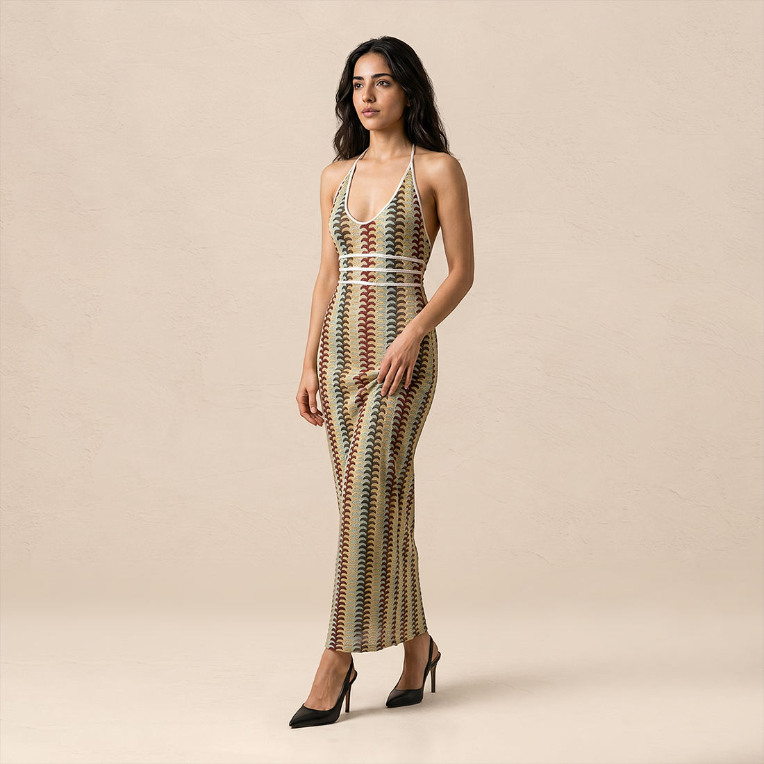 Vacation Maxi Bodycon Polyester Sexy Halter Neck Colorful Stripe Dress - MYTHSIS
