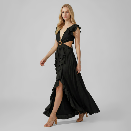 Elegant Printed Deep V-Neck Cut-Out Maxi Dress