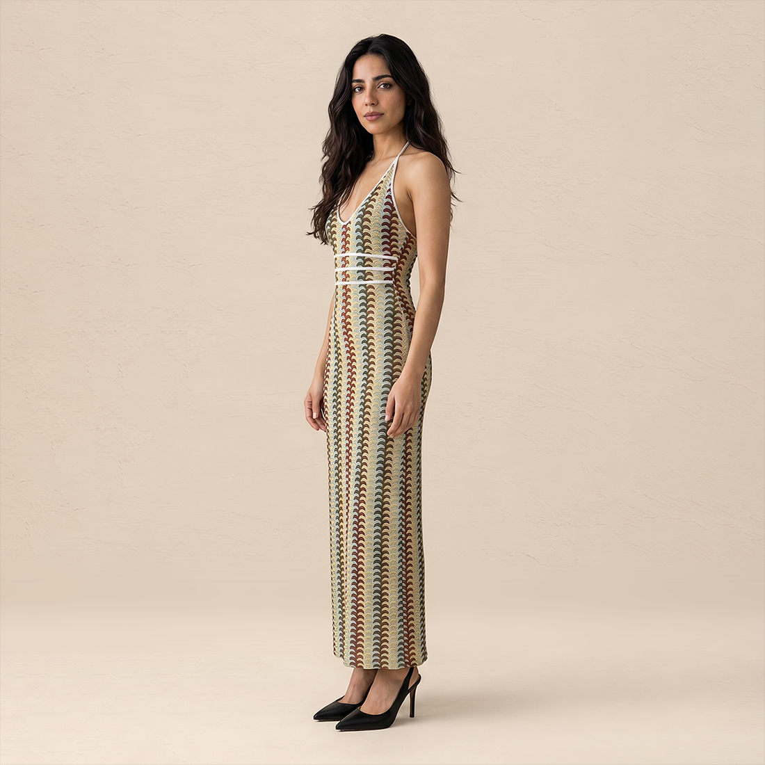 Vacation Maxi Bodycon Polyester Sexy Halter Neck Colorful Stripe Dress - MYTHSIS