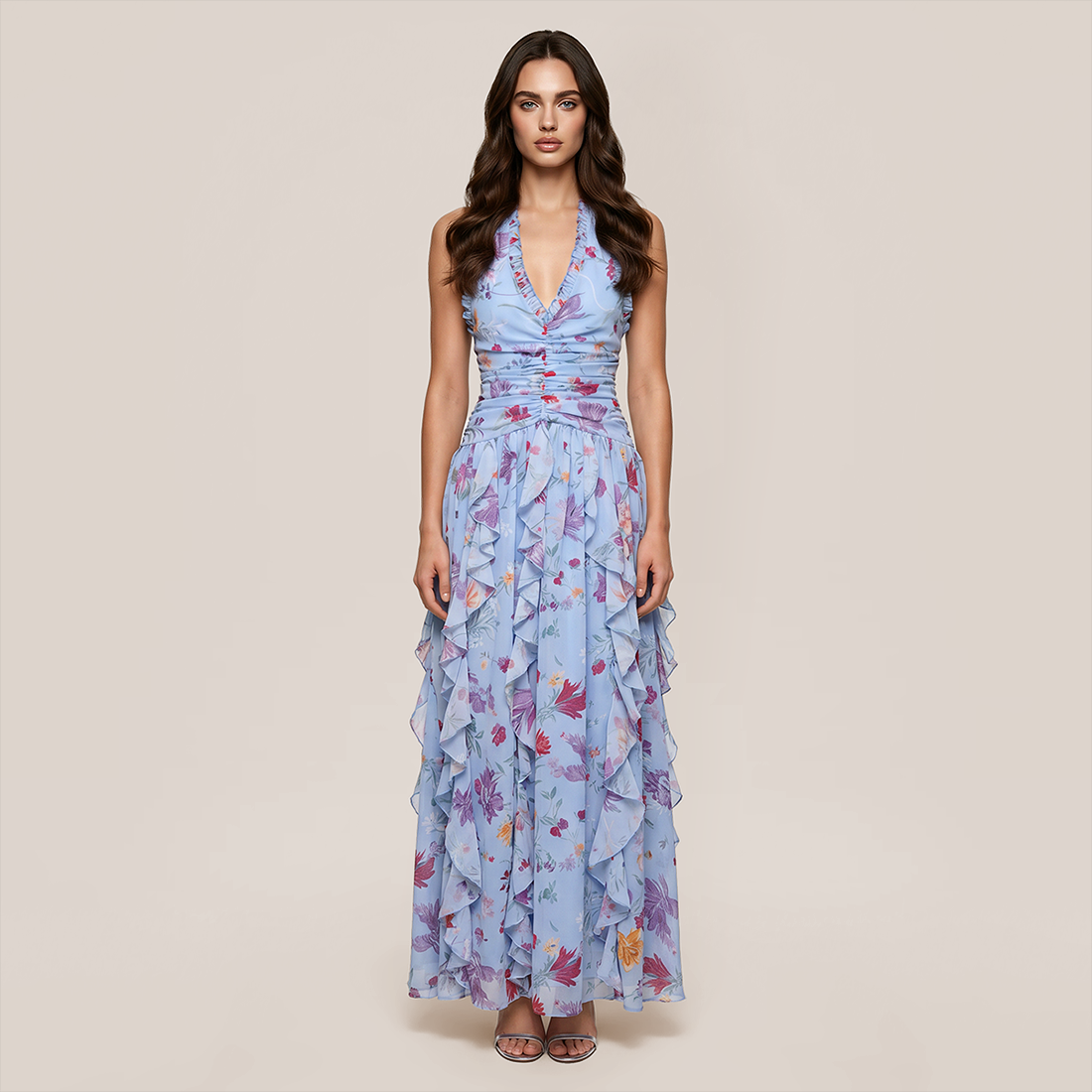 Vacation Maxi A-Line Satin Ruffle HalterFlowy Dress - MYTHSIS