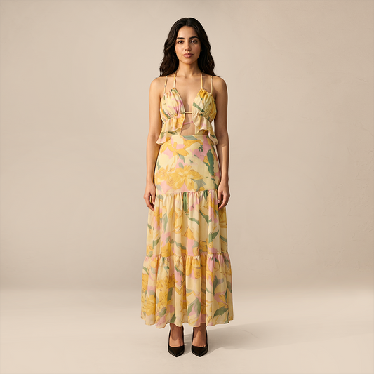 Vacation Maxi A-Line Polyester Boho Cross Spaghetti Strap Cutout Flowy Dress - MYTHSIS