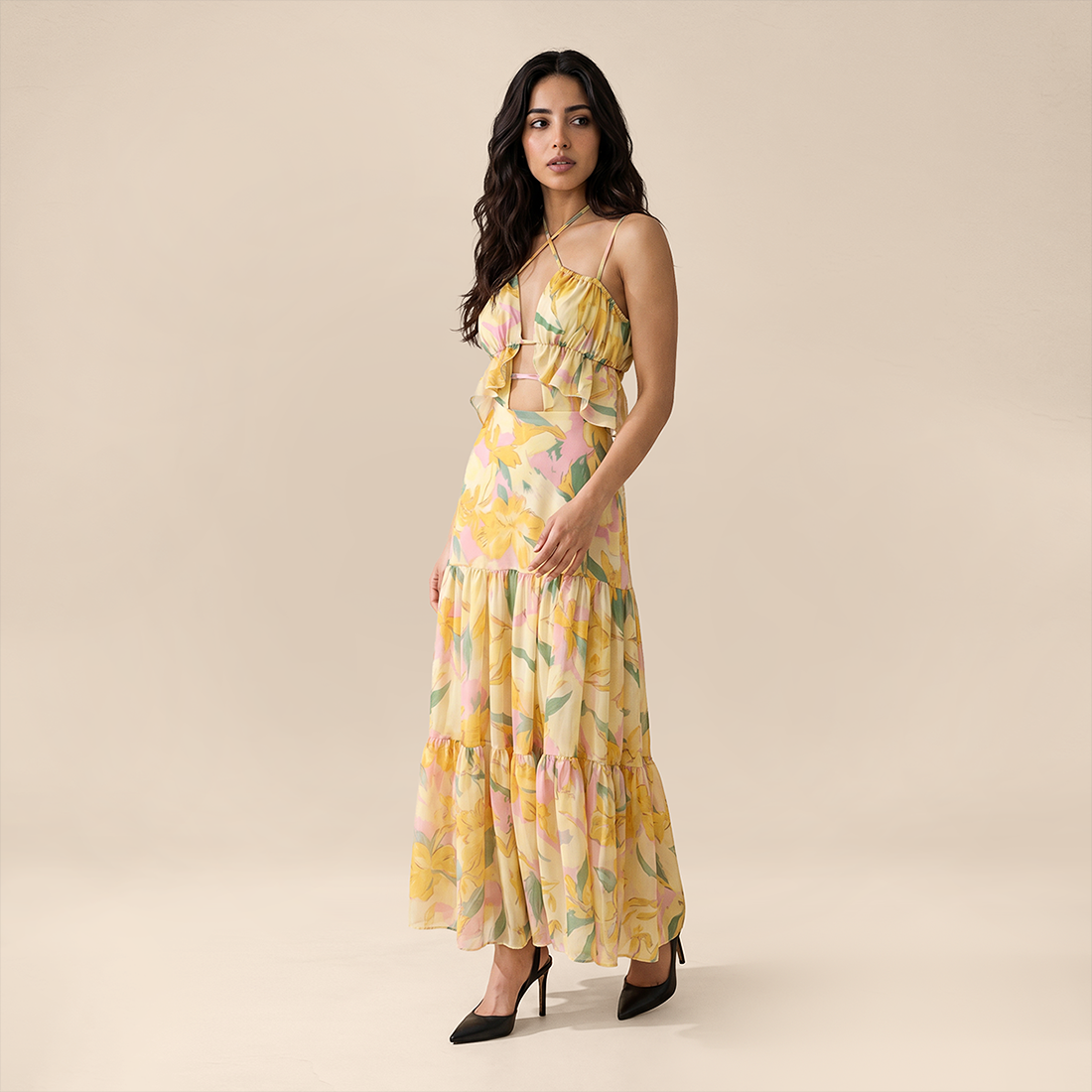 Vacation Maxi A-Line Polyester Boho Cross Spaghetti Strap Cutout Flowy Dress - MYTHSIS