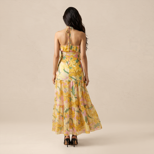 Vacation Maxi A-Line Polyester Boho Cross Spaghetti Strap Cutout Flowy Dress - MYTHSIS