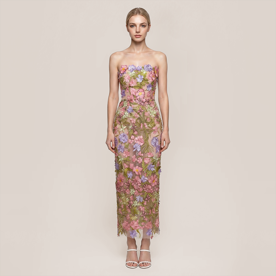 【Vacation】 Maxi Sheath Polyester Glam Straight Neck 3D Flower Dress - MYTHSIS