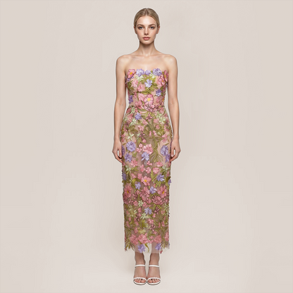 【Vacation】 Maxi Sheath Polyester Glam Straight Neck 3D Flower Dress - MYTHSIS