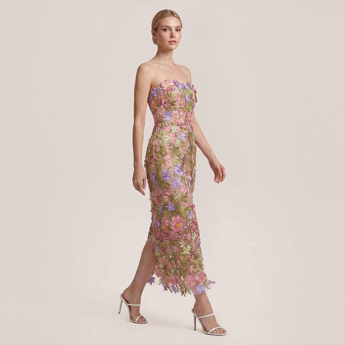 【Vacation】 Maxi Sheath Polyester Glam Straight Neck 3D Flower Dress - MYTHSIS
