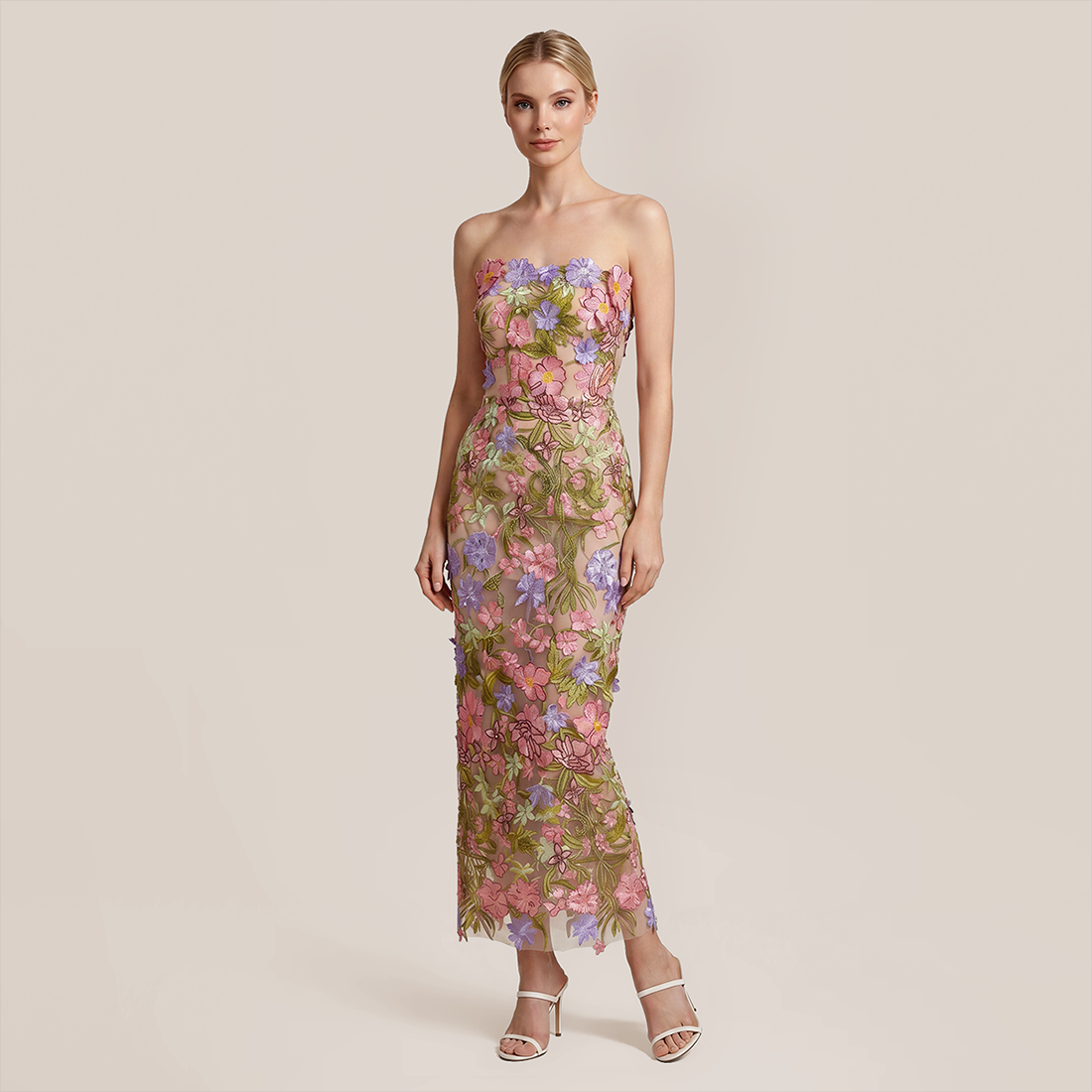 【Vacation】 Maxi Sheath Polyester Glam Straight Neck 3D Flower Dress - MYTHSIS