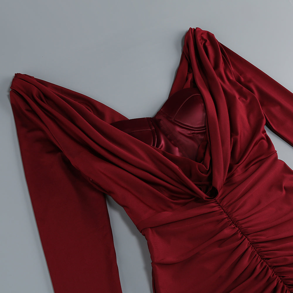 【Party & Event】 Maxi Sheath Polyester Sexy Cowl Neck Ruched Long Sleeve Dress - MYTHSIS