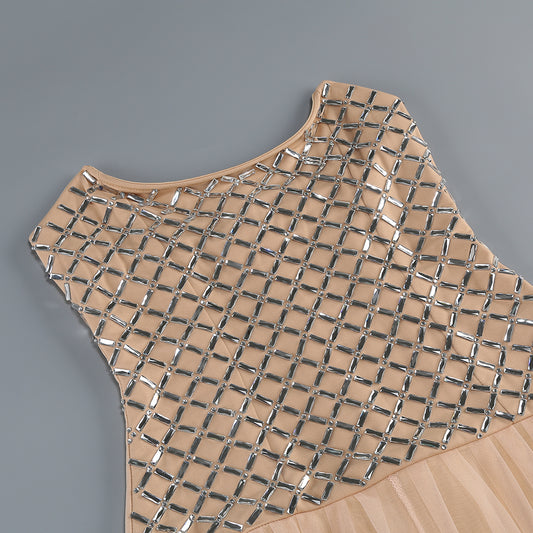 【Party & Event】 Maxi Sheath Polyester Sexy Straight Neck Rhinestone Mesh Spliced - MYTHSIS