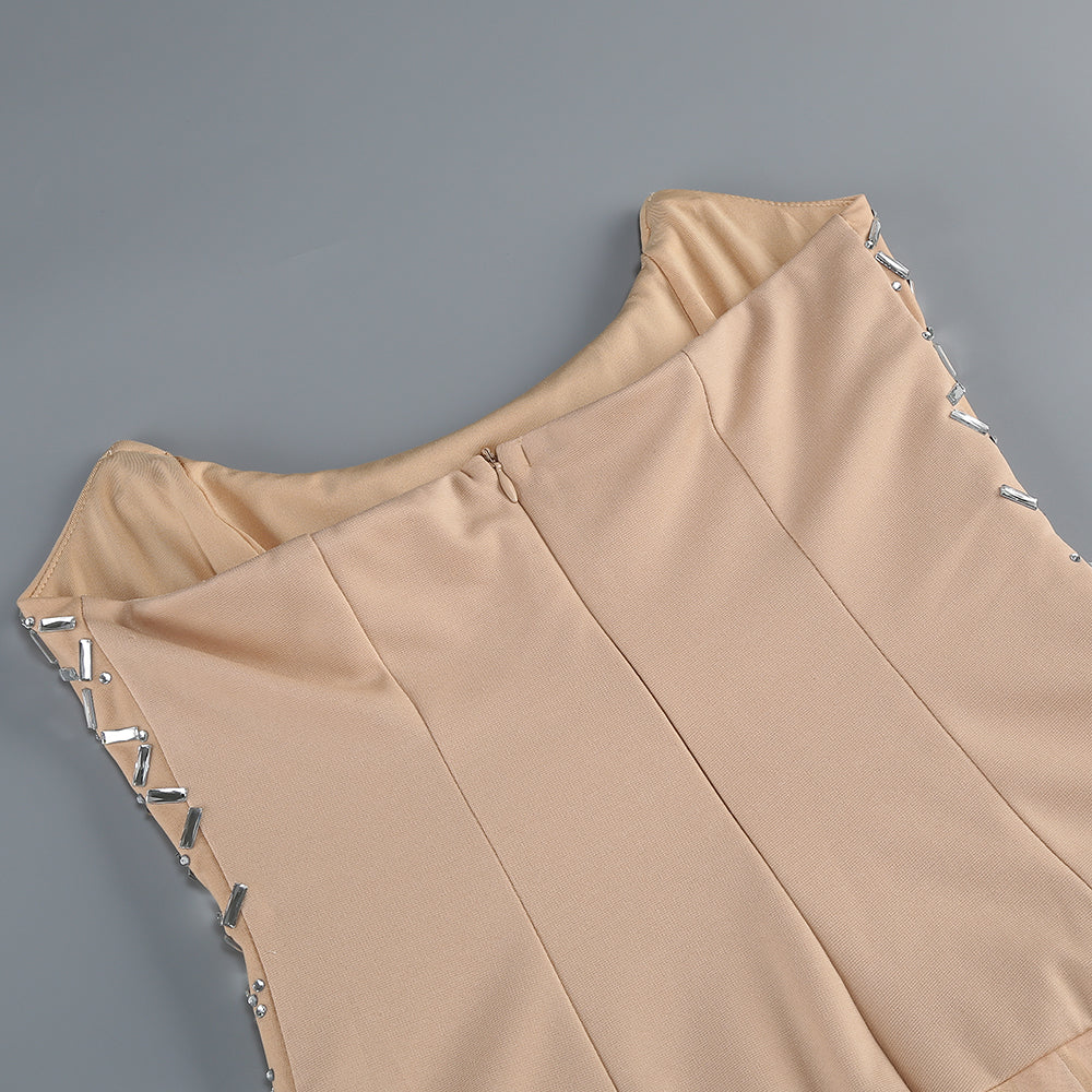 【Party & Event】 Maxi Sheath Polyester Sexy Straight Neck Rhinestone Mesh Spliced - MYTHSIS