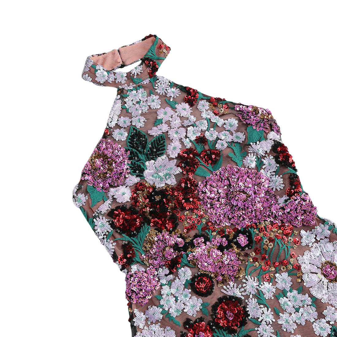 Date Night Mini Bodycon Sequin Glam Halter Neck Floral Embroidery Backless Dress - MYTHSIS