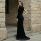 【Party & Event】 Maxi Sheath Velvet Polyester Triacetate Casual Round Neck 3D Flower Bow Slit Dress - MYTHSIS