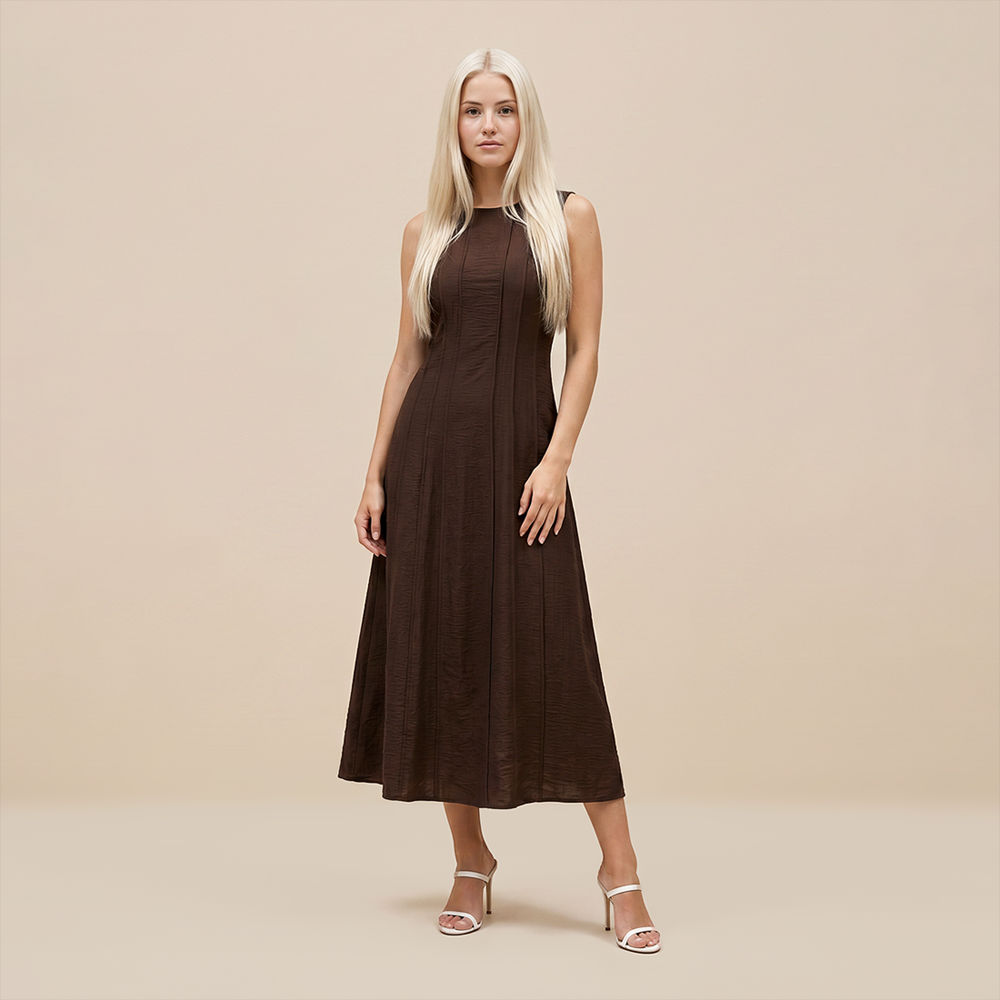 Casual Everyday Maxi A-Line Polyester Chic Round Neck Ruched Sleeveless Dress - MYTHSIS