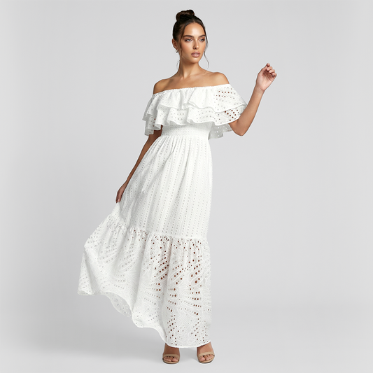 One collar ruffle edge embroidered hollow vacation mix dress